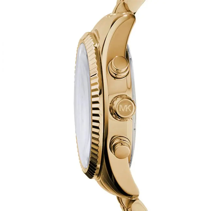 Michael Kors Lexington Damen Uhr Gold MK7378 – Seitenansicht des goldenen Edelstahlgehäuses mit MK-Krone
