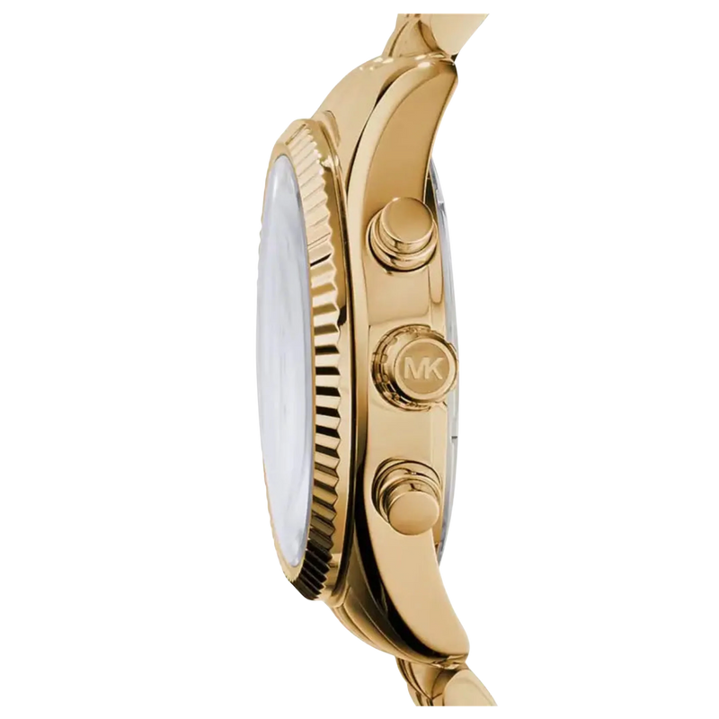 Michael Kors Lexington Damen Uhr Gold MK7378 – Seitenansicht des goldenen Edelstahlgehäuses mit MK-Krone