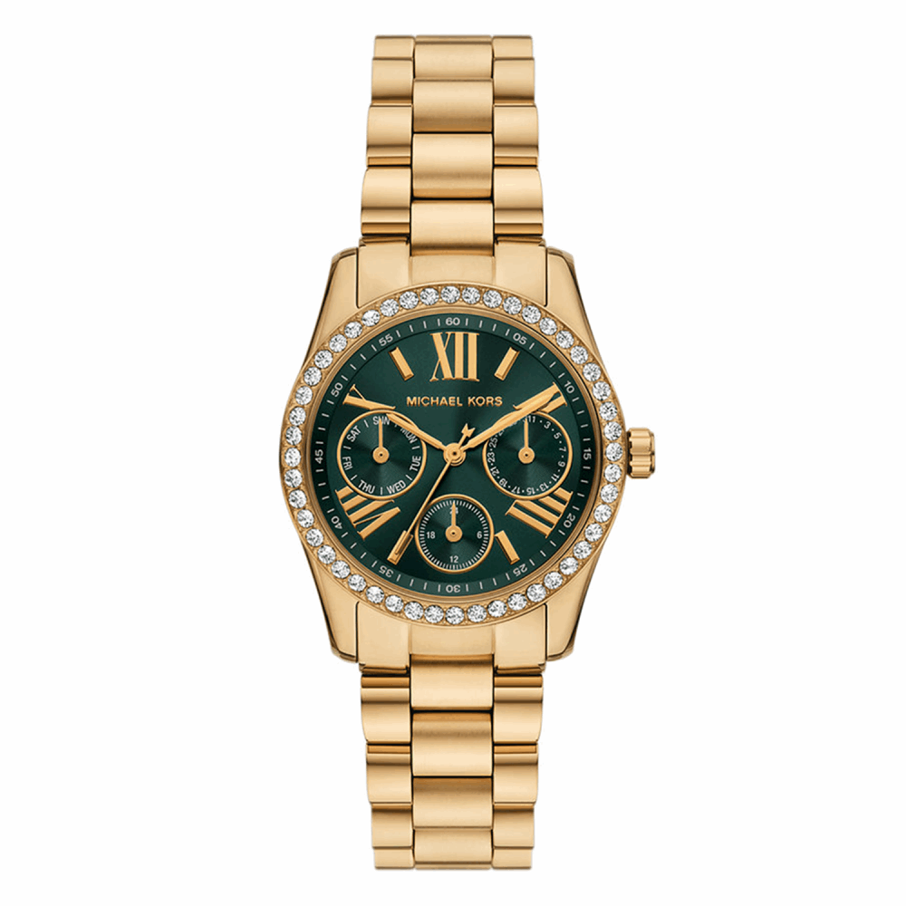 Goldene Michael Kors Lexington Damenuhr MK4924 mit grünem Zifferblatt und Edelstahlarmband
