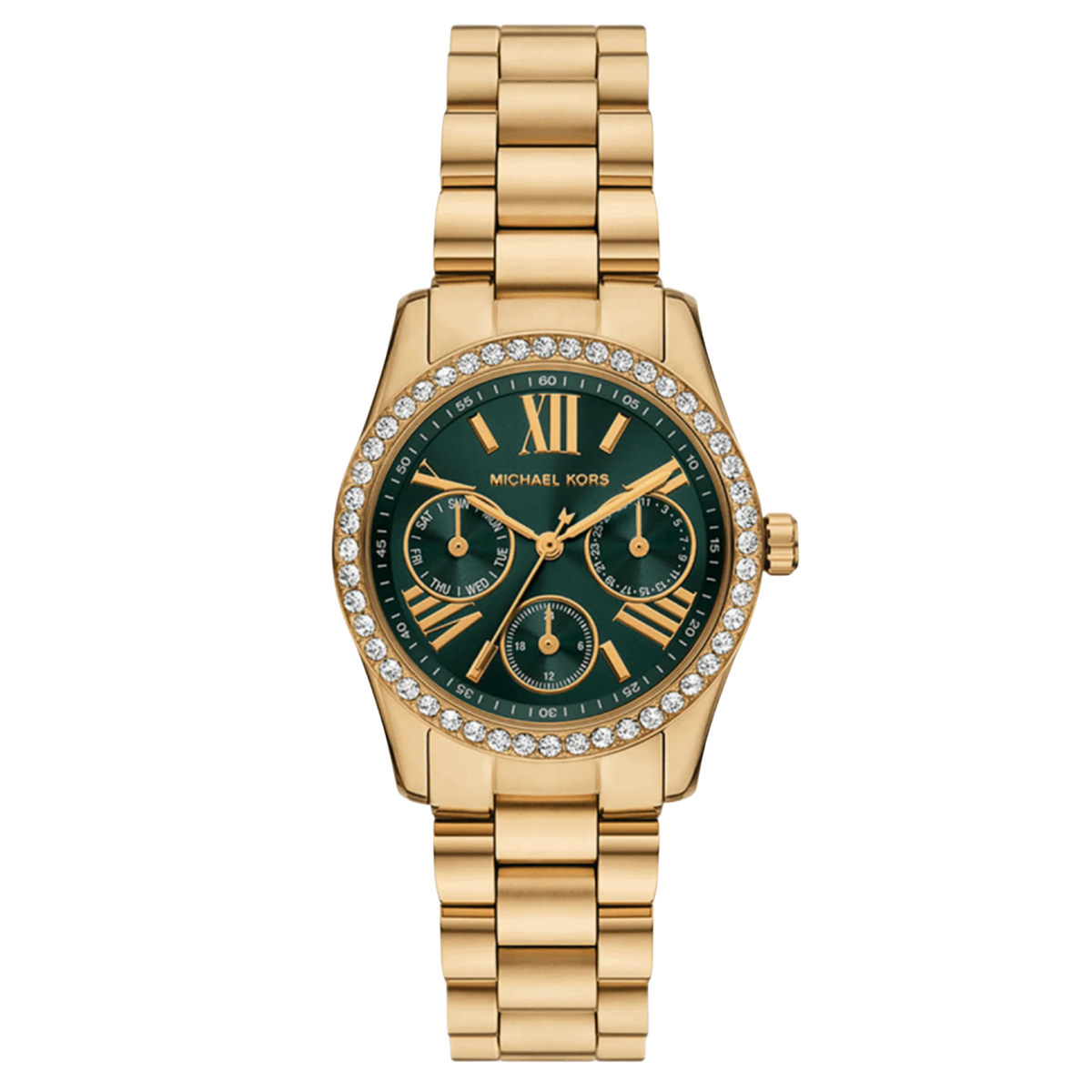 Goldene Michael Kors Lexington Damenuhr MK4924 mit grünem Zifferblatt und Edelstahlarmband