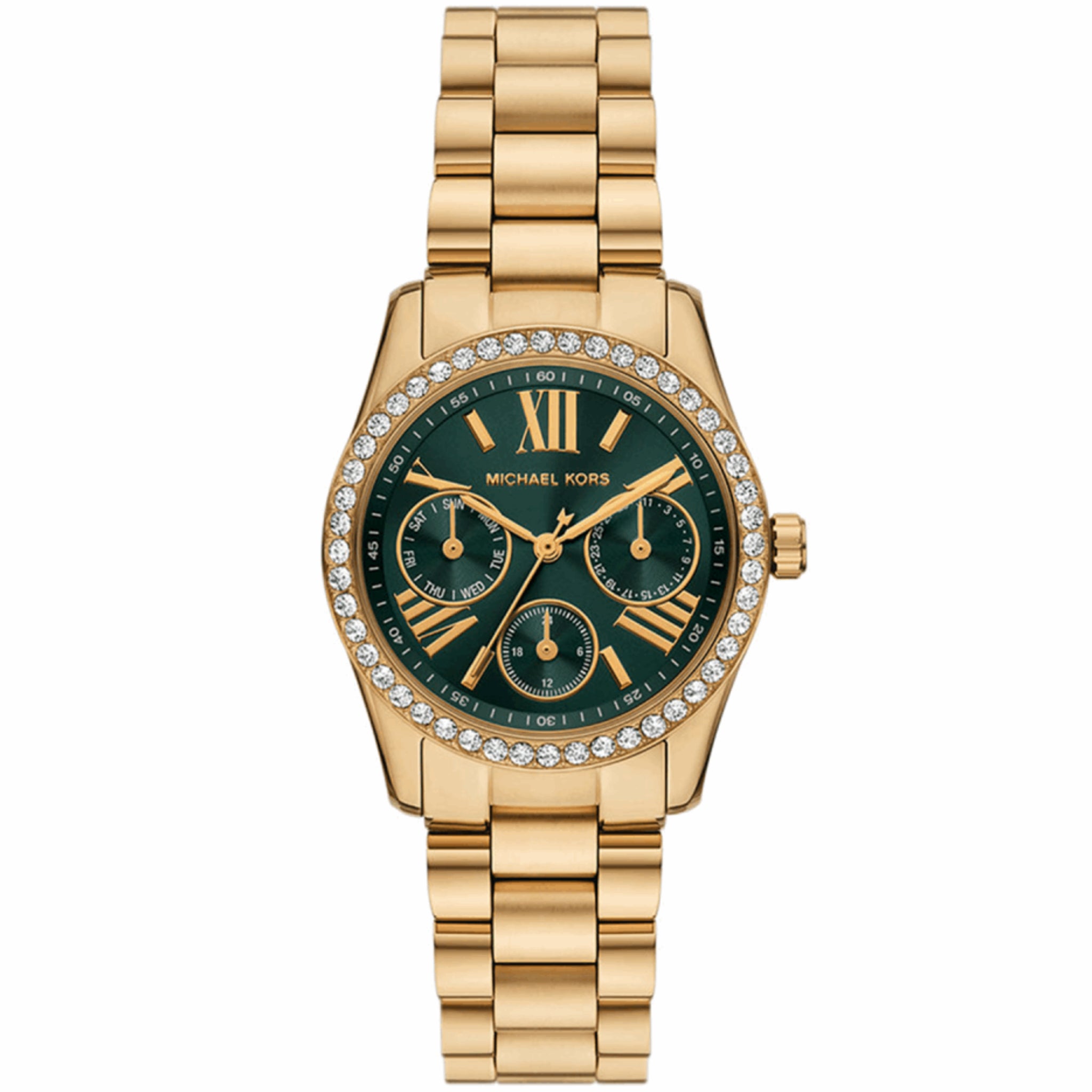Goldene Michael Kors Lexington Damenuhr MK4924 mit grünem Zifferblatt und Edelstahlarmband
