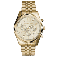 Michael Kors MK8281 Herren Chronograph in Gold mit Edelstahlarmband und goldfarbenem Zifferblatt, Frontansicht.