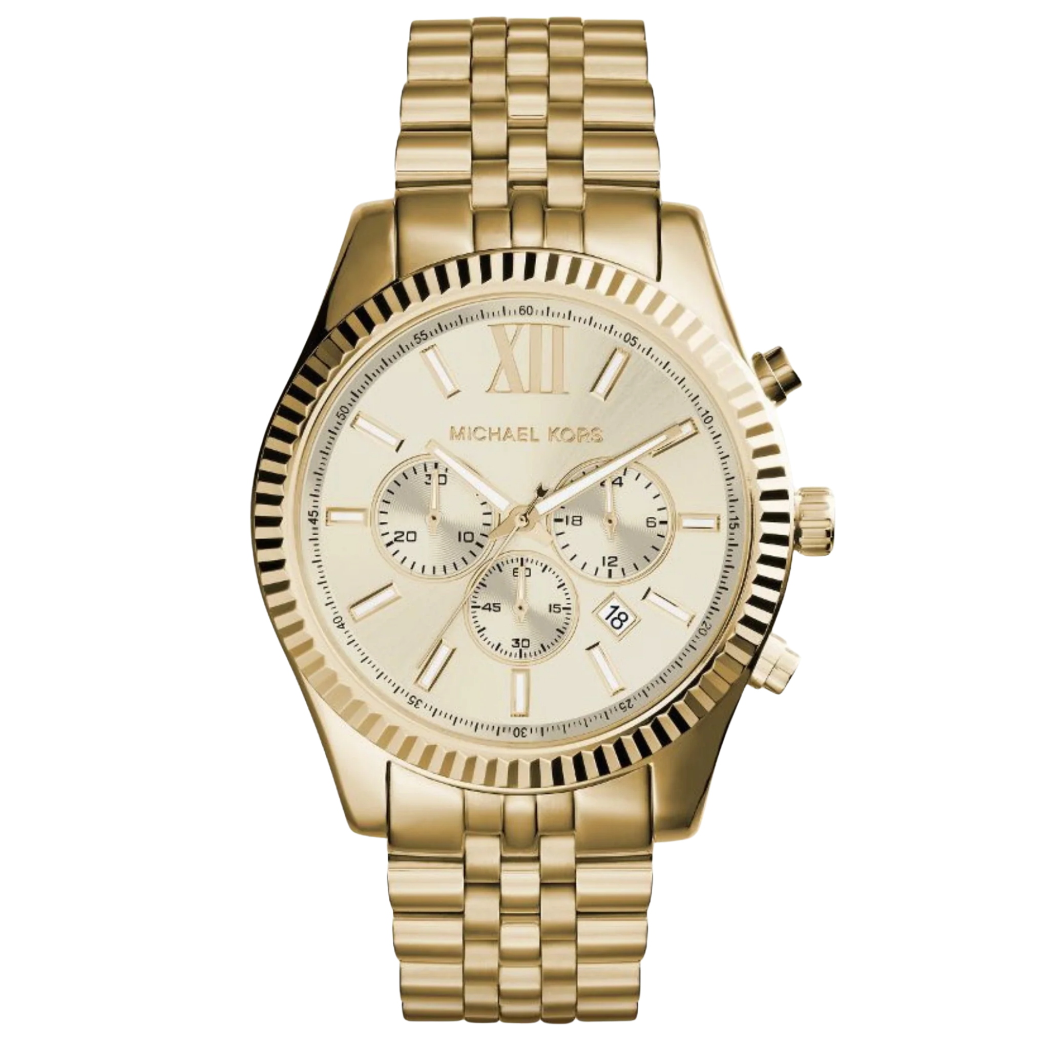 Michael Kors MK8281 Herren Chronograph in Gold mit Edelstahlarmband und goldfarbenem Zifferblatt, Frontansicht.