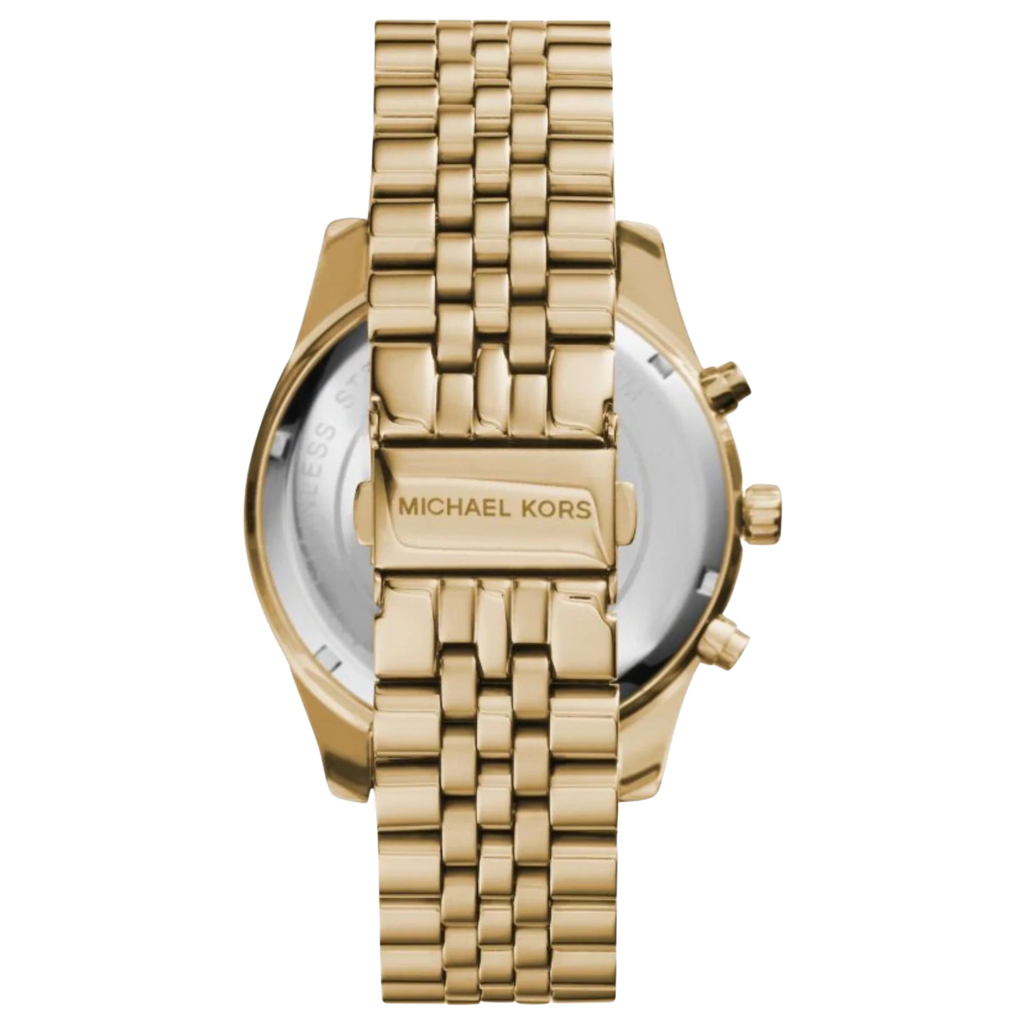 Michael Kors MK8281 Herren Uhr in Gold mit Edelstahlarmband, Rückseite des Gehäuses mit Faltschließe.