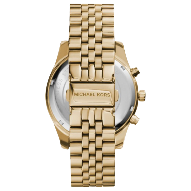 Michael Kors MK8281 Herren Uhr in Gold mit Edelstahlarmband, Rückseite des Gehäuses mit Faltschließe.