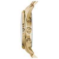 Michael Kors MK8281 Herren Chronograph in Gold, seitliche Ansicht des Gehäuses mit Drückern und Krone.