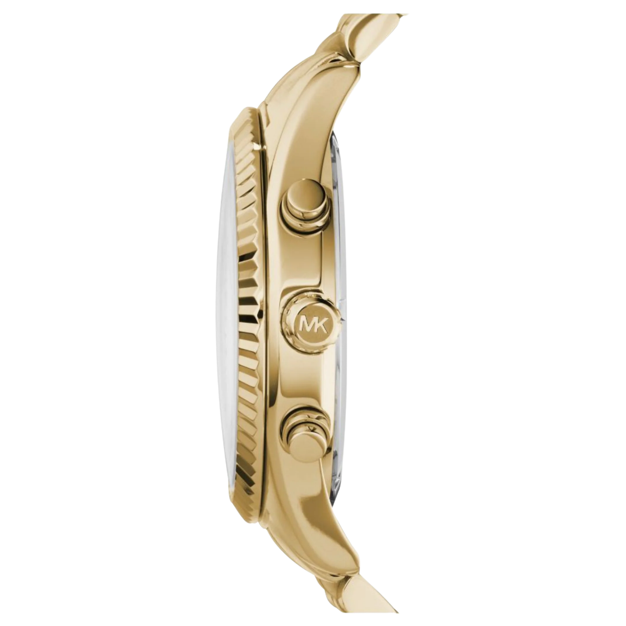 Michael Kors MK8281 Herren Chronograph in Gold, seitliche Ansicht des Gehäuses mit Drückern und Krone.