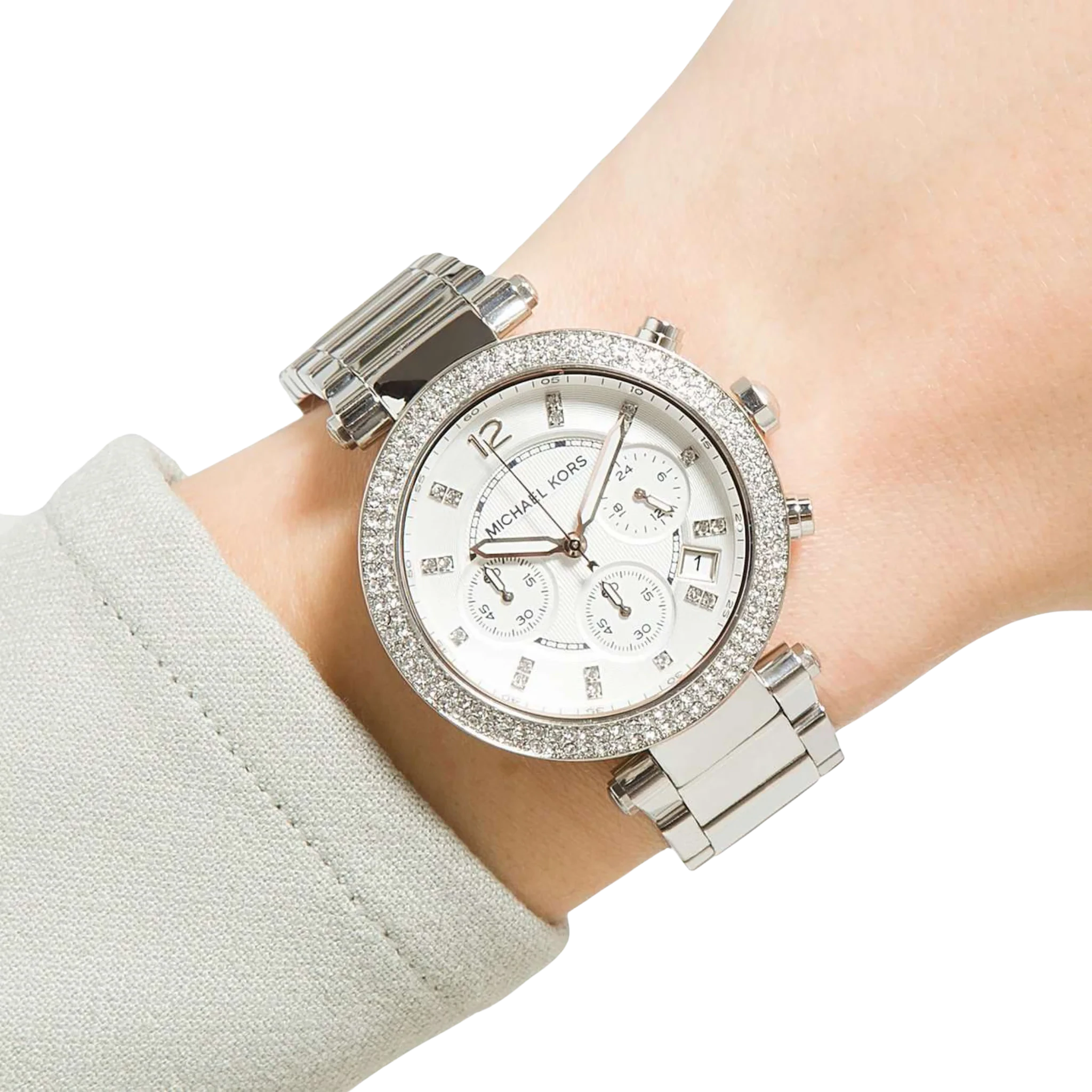 Michael Kors Parker MK5353 Damen Chronograph in Silber am Handgelenk getragen, elegantes Edelstahlarmband mit Kristallbesatz.