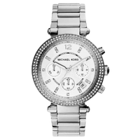 Michael Kors Parker MK5353 Damen Chronograph in Silber mit Edelstahlarmband und silbernem Zifferblatt mit Kristallbesatz, Frontansicht.