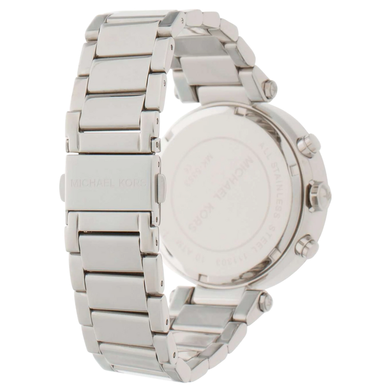 Michael Kors Parker MK5353 Damen Uhr in Silber, Rückseite des Edelstahlgehäuses mit Gliederarmband und Faltschließe.