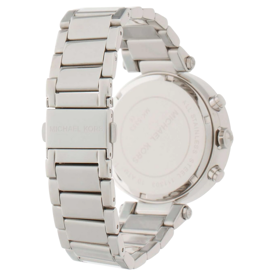 Michael Kors Parker MK5353 Damen Uhr in Silber, Rückseite des Edelstahlgehäuses mit Gliederarmband und Faltschließe.