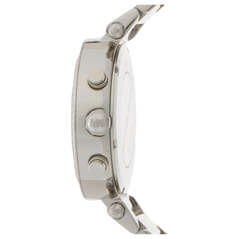 Michael Kors Parker MK5353 Damen Chronograph in Silber, seitliche Ansicht mit Krone und Drückern.