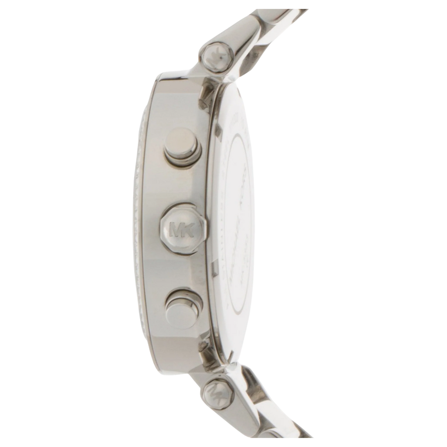 Michael Kors Parker MK5353 Damen Chronograph in Silber, seitliche Ansicht mit Krone und Drückern.