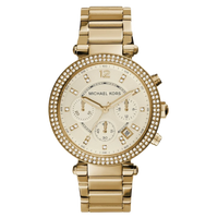 Michael Kors Parker MK5354 Damen Chronograph in Gold mit Edelstahlarmband und champagnerfarbenem Zifferblatt mit Strassbesatz, Frontansicht.