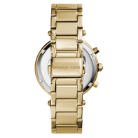 Michael Kors Parker MK5354 Damen Uhr in Gold mit Edelstahlarmband, Rückseite des Gehäuses mit Faltschließe.