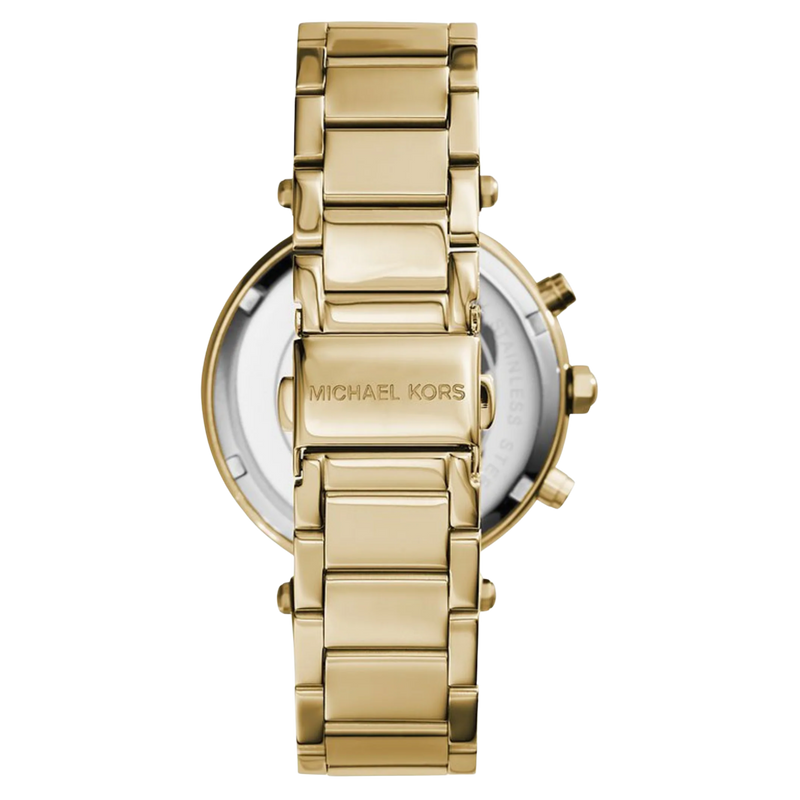 Michael Kors Parker MK5354 Damen Uhr in Gold mit Edelstahlarmband, Rückseite des Gehäuses mit Faltschließe.
