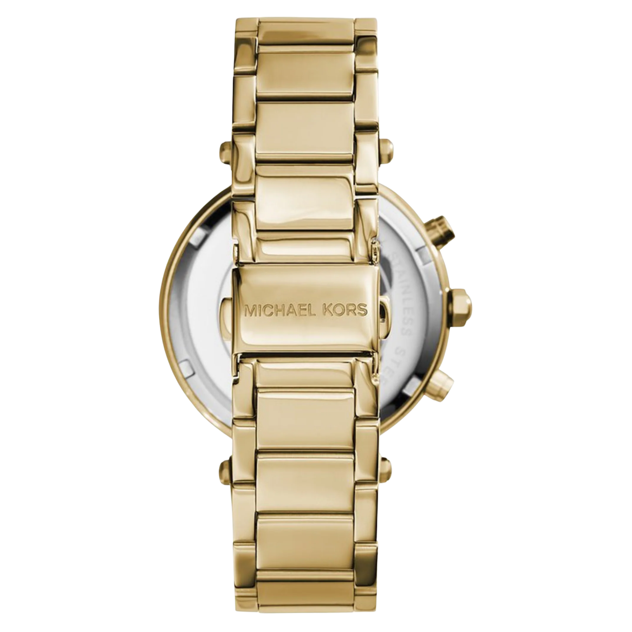 Michael Kors Parker MK5354 Damen Uhr in Gold mit Edelstahlarmband, Rückseite des Gehäuses mit Faltschließe.