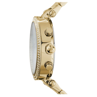 Michael Kors Parker MK5354 Damen Chronograph in Gold, seitliche Ansicht mit Krone und Drückern.