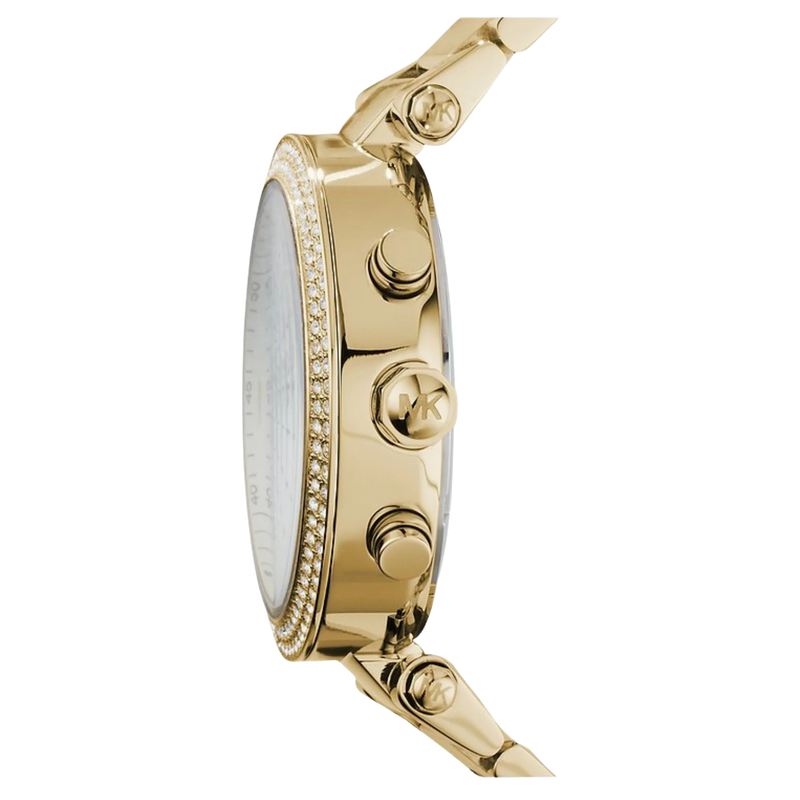 Michael Kors Parker MK5354 Damen Chronograph in Gold, seitliche Ansicht mit Krone und Drückern.
