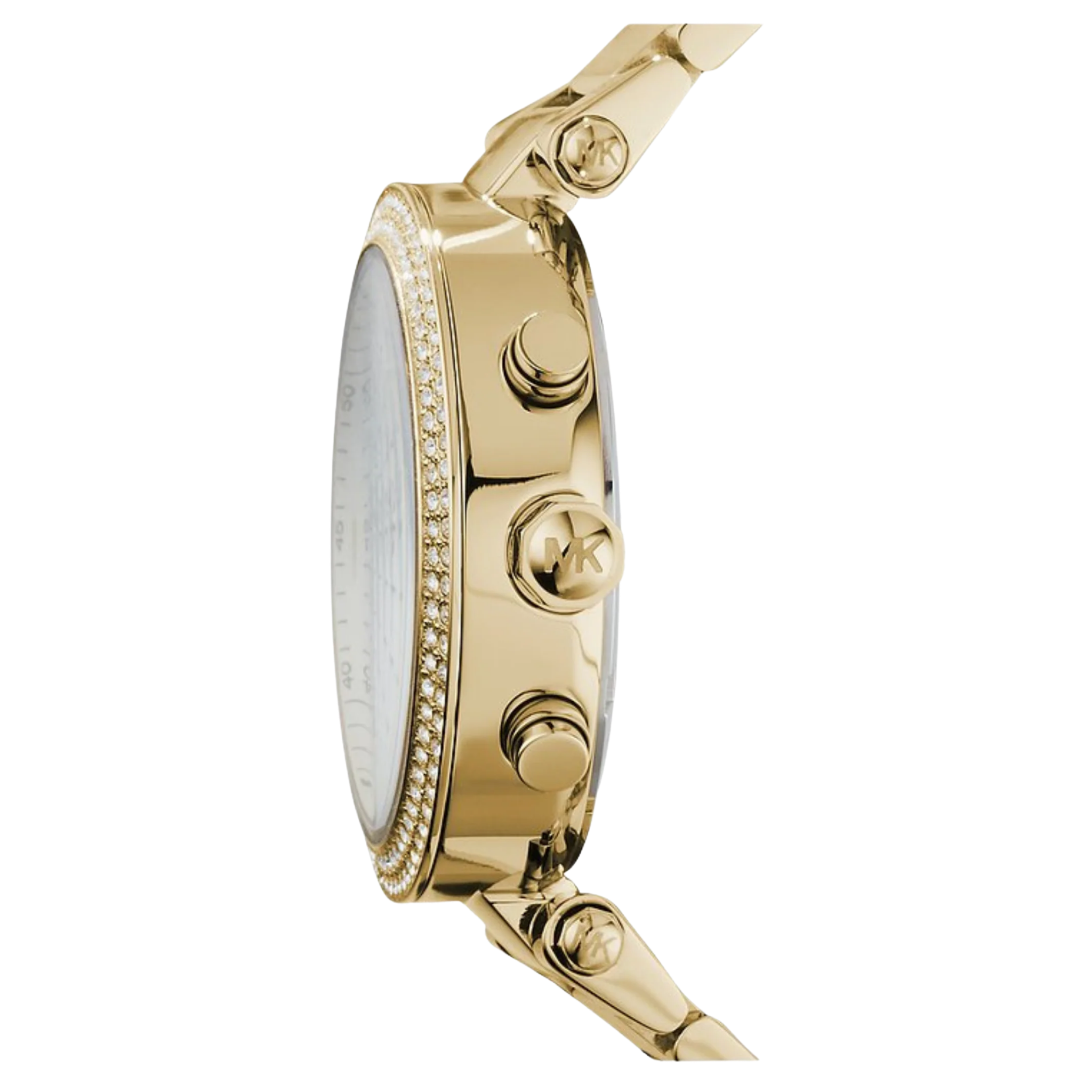 Michael Kors Parker MK5354 Damen Chronograph in Gold, seitliche Ansicht mit Krone und Drückern.
