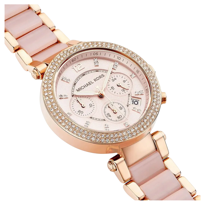 Michael Kors Parker MK5896 Chronograph Damen in Roségold, schräge Detailansicht mit funkelndem Zifferblatt und Gliederarmband.