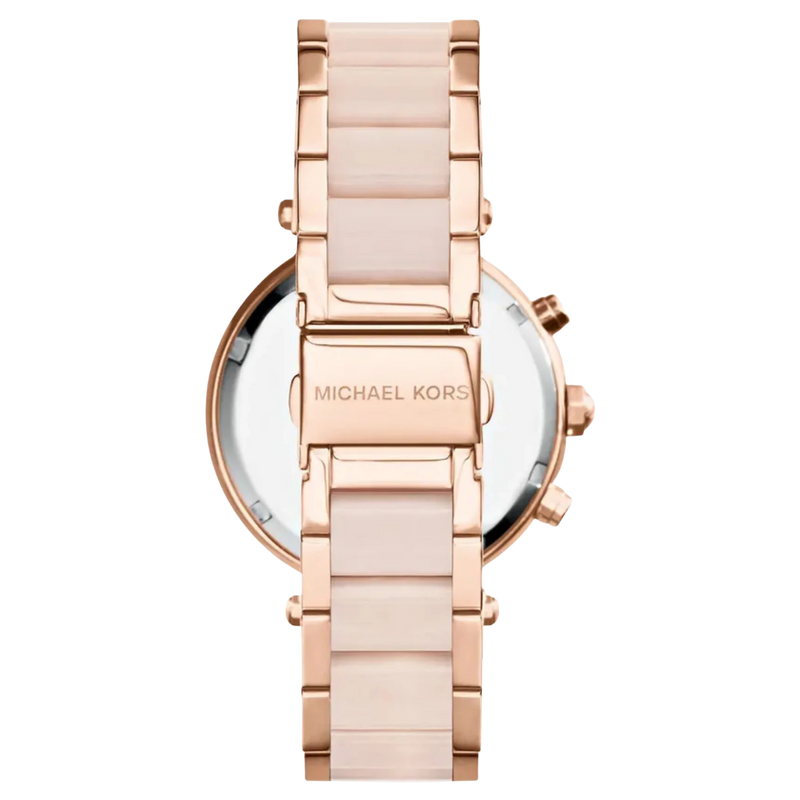 Michael Kors Parker MK5896 Damen Uhr in Roségold, Rückseite des Edelstahlgehäuses mit Verschluss und Gravur.