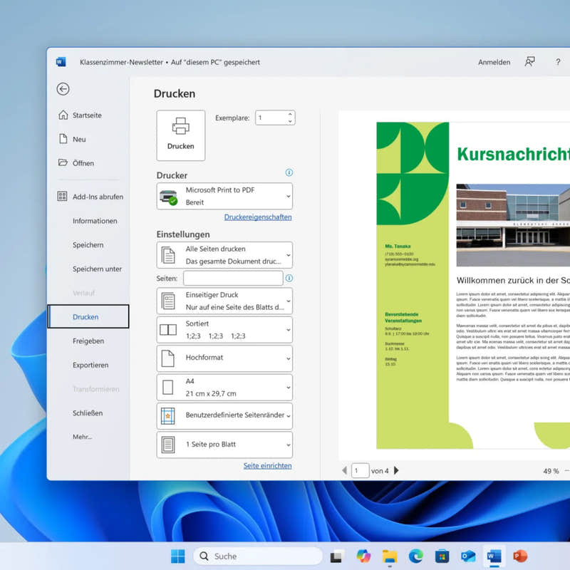 Microsoft 365 Personal Software Oberfläche mit Word Excel PowerPoint auf Windows 11