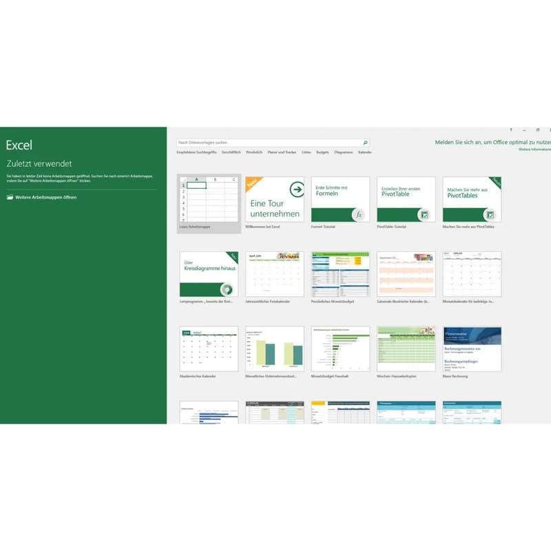 Screenshot der Microsoft Excel 2016 Oberfläche auf dem Mac mit geöffneten Vorlagen und Startseite.
