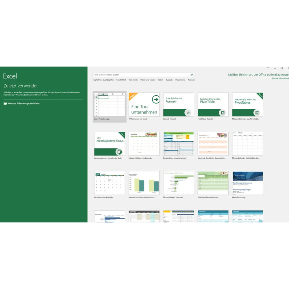 Screenshot der Microsoft Excel 2016 Oberfläche auf dem Mac mit geöffneten Vorlagen und Startseite.
