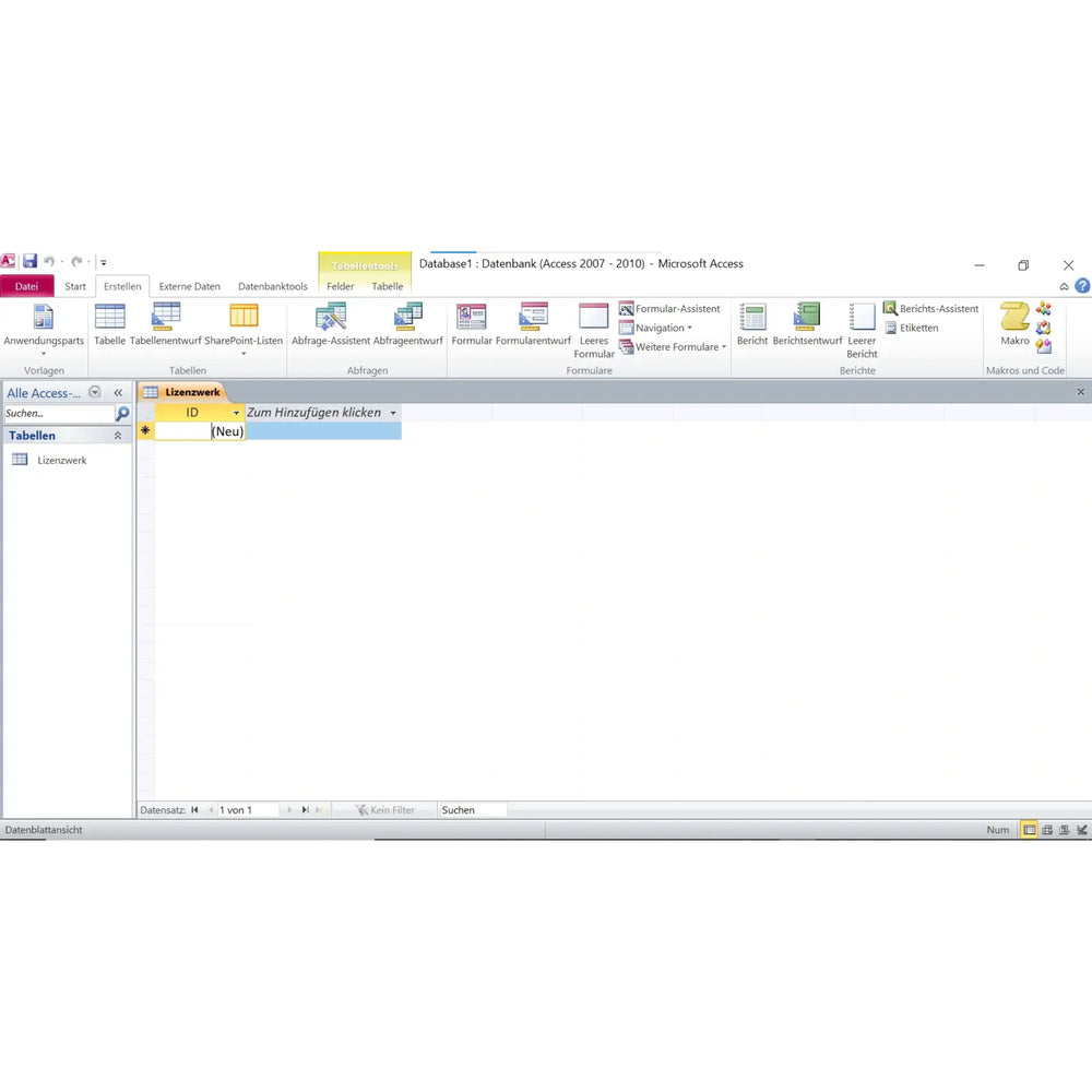Screenshot von Microsoft Access 2010 mit geöffneter Datenbankansicht und Tabellenentwurf

