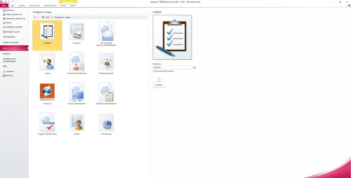 Screenshot von Microsoft Access 2010 mit Übersicht der verfügbaren Datenbankvorlagen zum Erstellen neuer Projekte
