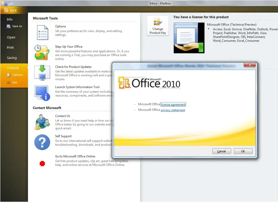 Screenshot des Microsoft Office 2010 Installationsfensters vor dem Start der Programme mit geöffneter Outlook-Optionenübersicht
