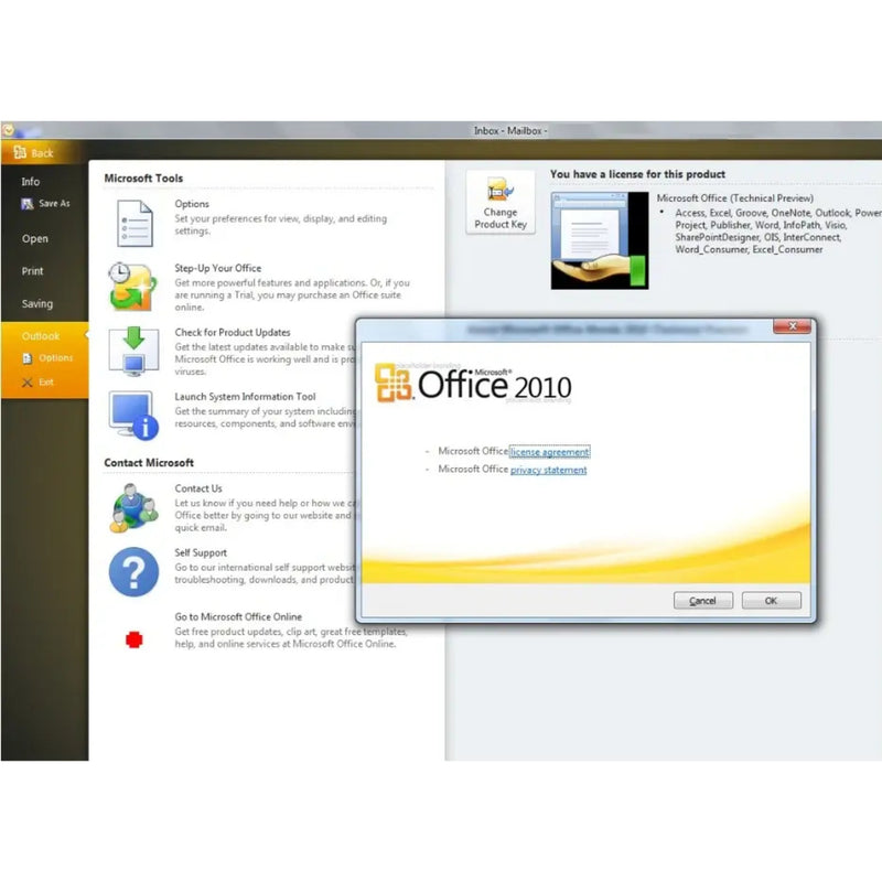 Screenshot des Microsoft Office 2010 Installationsfensters vor dem Start der Programme mit geöffneter Outlook-Optionenübersicht
