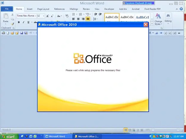 Screenshot des Microsoft Office 2010 Installationsfensters beim Start innerhalb von Microsoft Word
