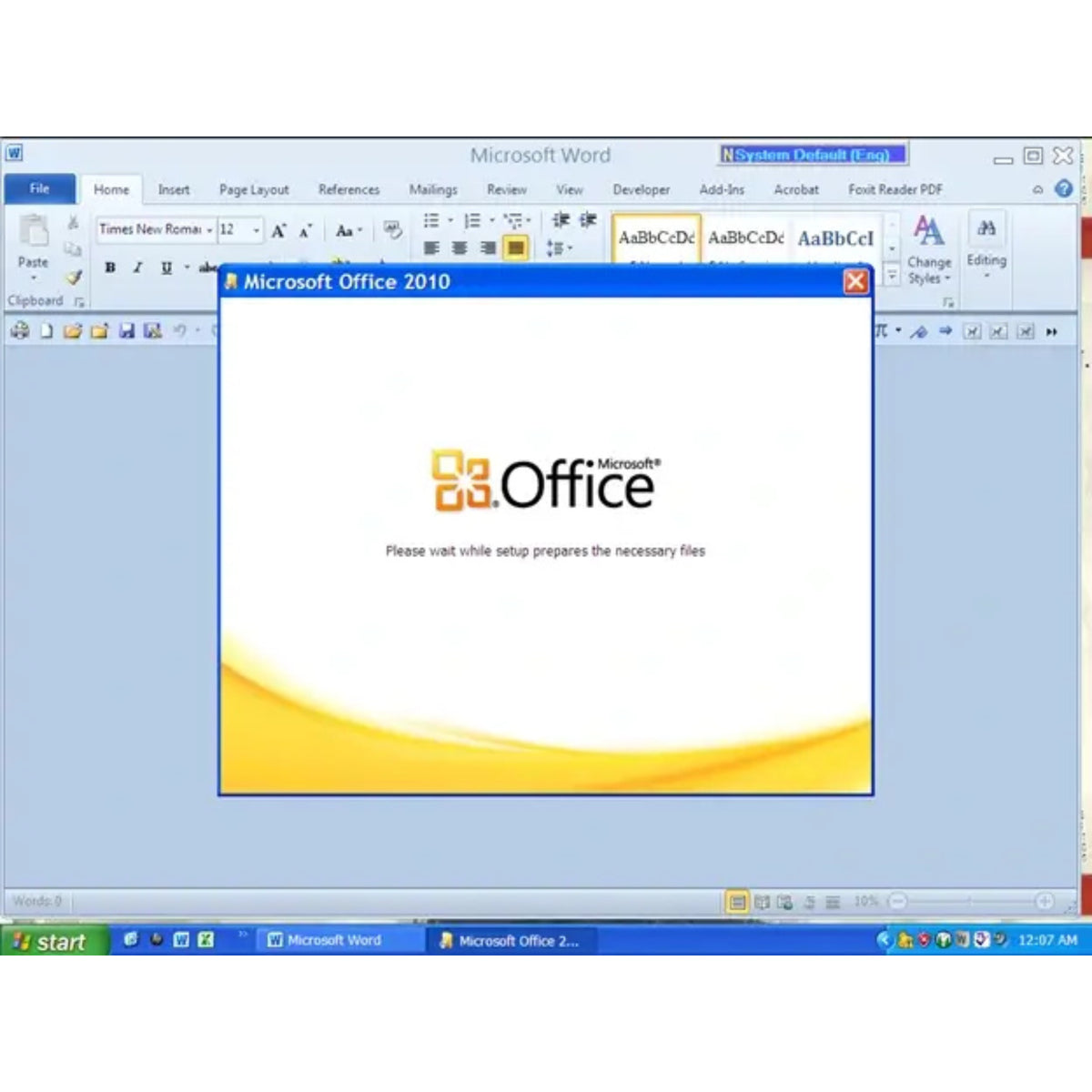 Screenshot des Microsoft Office 2010 Installationsfensters beim Start innerhalb von Microsoft Word
