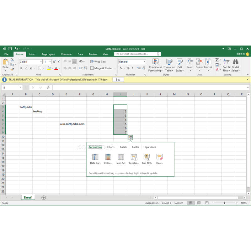 Excel-Arbeitsblatt in Microsoft Office Home & Student 2019 mit geöffneter bedingter Formatierung zur Hervorhebung von Daten