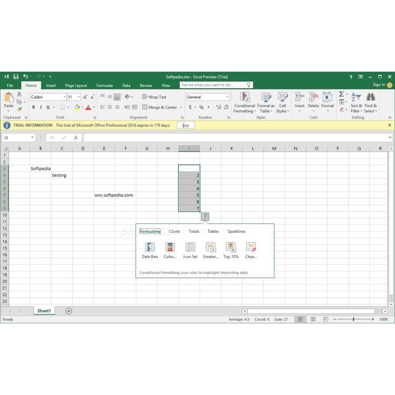 Excel-Arbeitsblatt in Microsoft Office Home & Student 2019 mit geöffneter bedingter Formatierung zur Hervorhebung von Daten