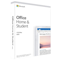 Produktverpackung von Microsoft Office Home & Student 2019 für PC als Download-Lizenz mit den klassischen Office-Apps für Schule, Studium und Zuhause