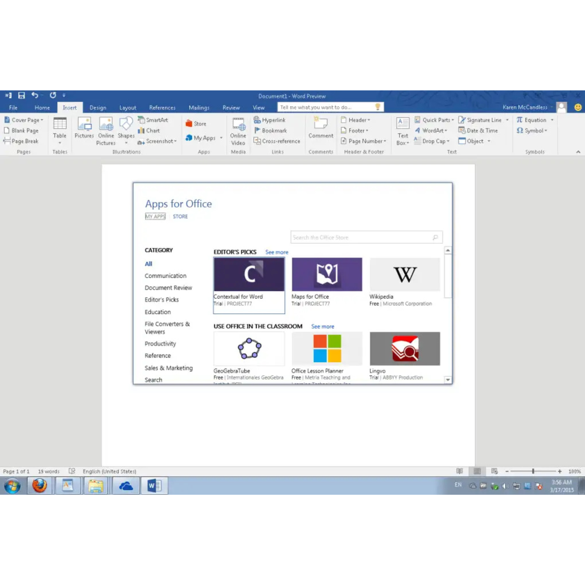 Word-Fenster aus Microsoft Office Home & Student 2019 mit geöffnetem Bereich Apps for Office und sichtbaren Add-ons