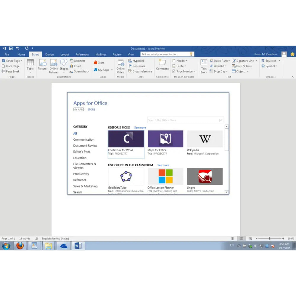 Word-Fenster aus Microsoft Office Home & Student 2019 mit geöffnetem Bereich Apps for Office und sichtbaren Add-ons