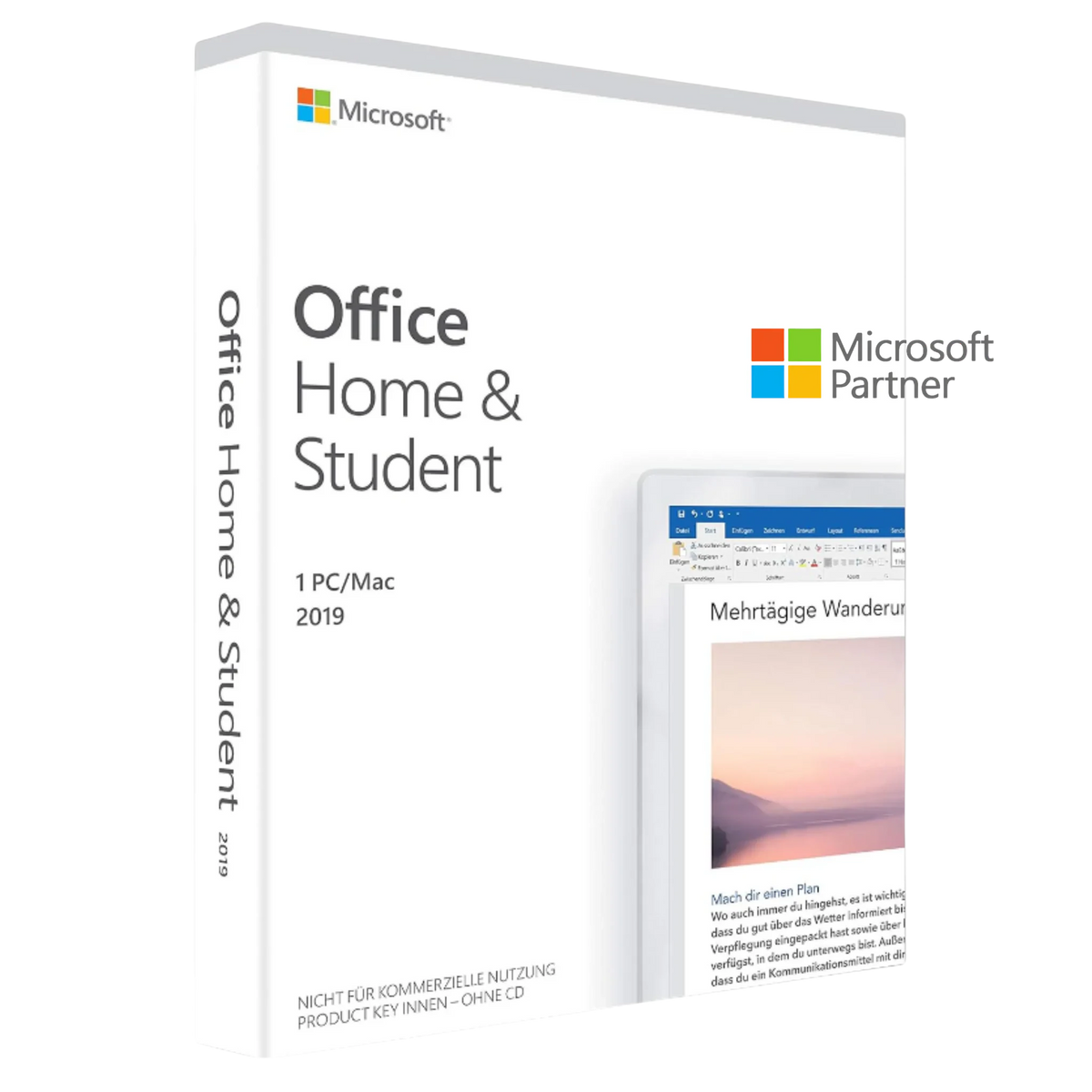 Produktverpackung von Microsoft Office Home & Student 2019 für PC als Download-Lizenz mit den klassischen Office-Apps für Schule, Studium und Zuhause