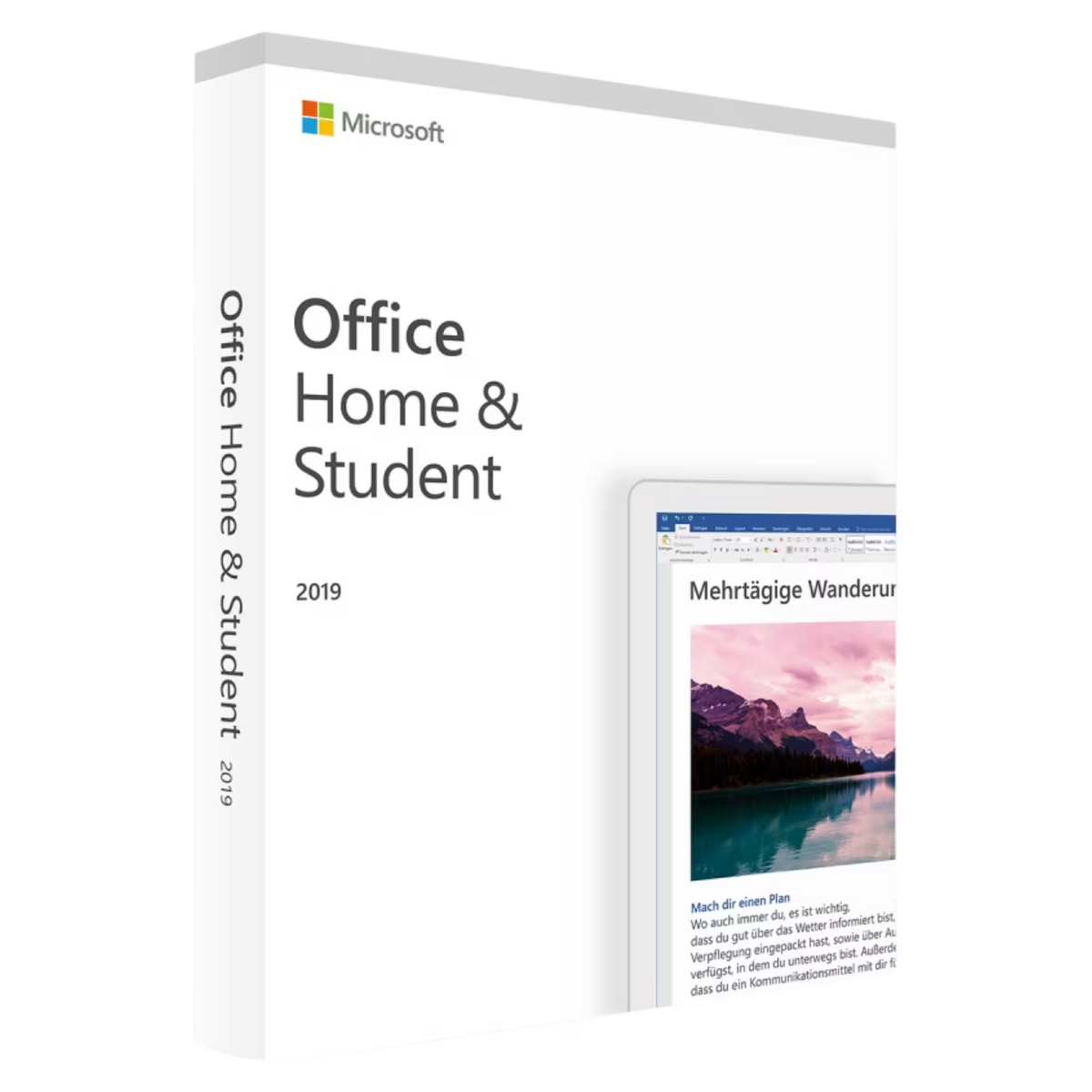 Produktverpackung von Microsoft Office Home & Student 2019 für PC als Download-Lizenz mit den klassischen Office-Apps für Schule, Studium und Zuhause