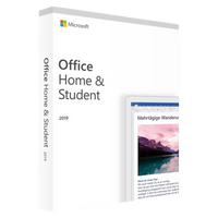 Produktverpackung von Microsoft Office Home & Student 2019 für PC als Download-Lizenz mit den klassischen Office-Apps für Schule, Studium und Zuhause
