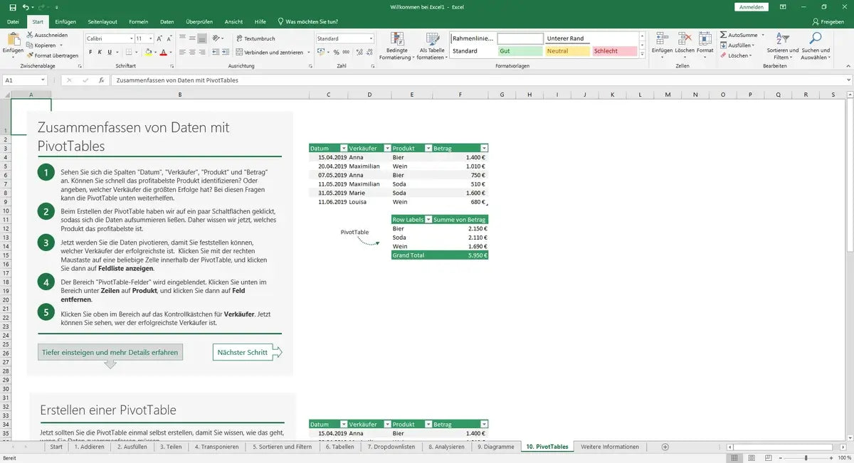Microsoft Office 2019 Professional für Windows – Excel-Screenshot mit PivotTable zur Datenanalyse und Tabellenbearbeitung.
