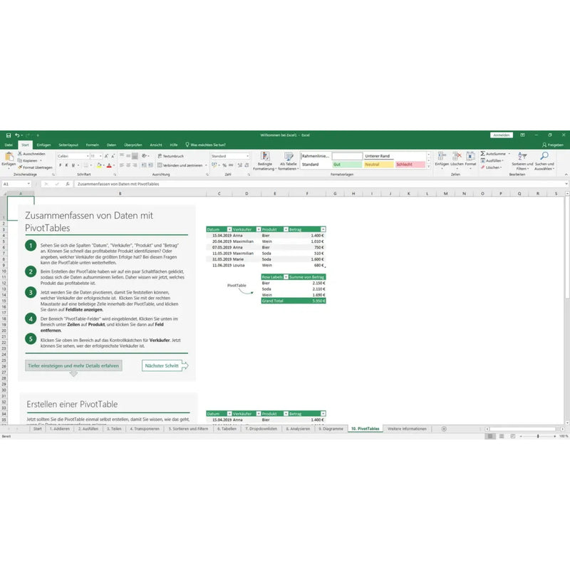 Microsoft Office 2019 Professional für Windows – Excel-Screenshot mit PivotTable zur Datenanalyse und Tabellenbearbeitung.

