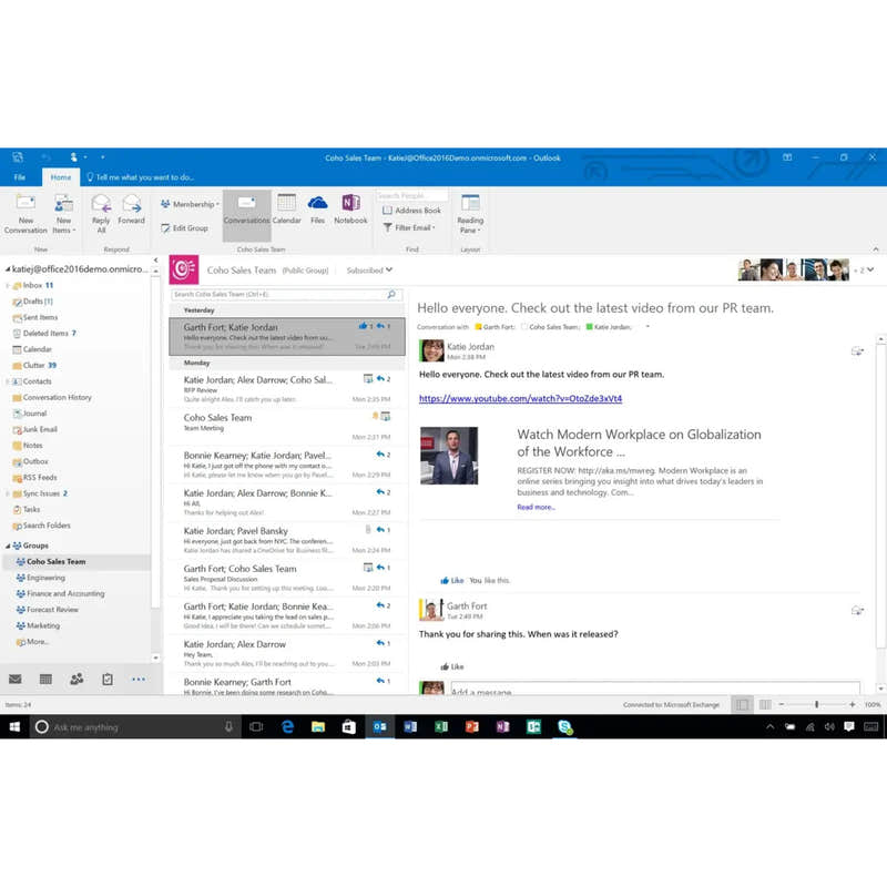 Microsoft Office 2019 Professional für Windows – Outlook-Screenshot mit geöffnetem Posteingang, E-Mail-Ansicht und Organisationsfunktionen.
