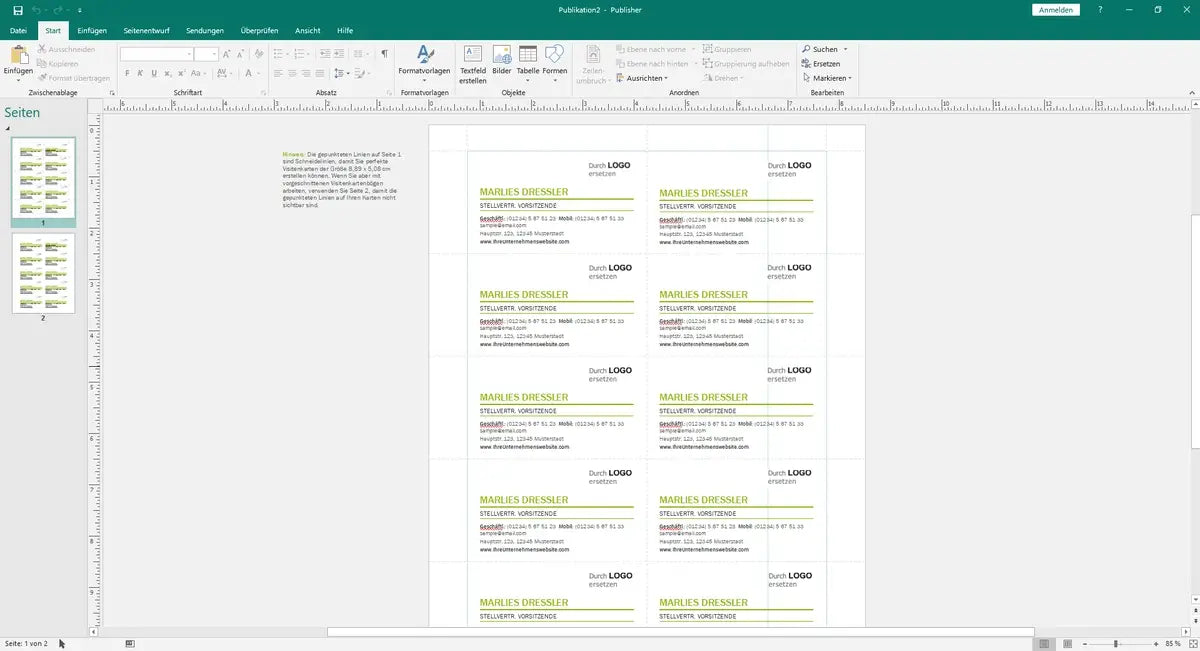 Microsoft Office 2019 Professional für Windows – Publisher-Screenshot mit Layout- und Vorlagenübersicht zur Erstellung von Druckdokumenten.

