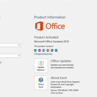Microsoft Office 2019 Standard Windows Konto- und Produktaktivierungsansicht mit Lizenzstatus und Updateoptionen.