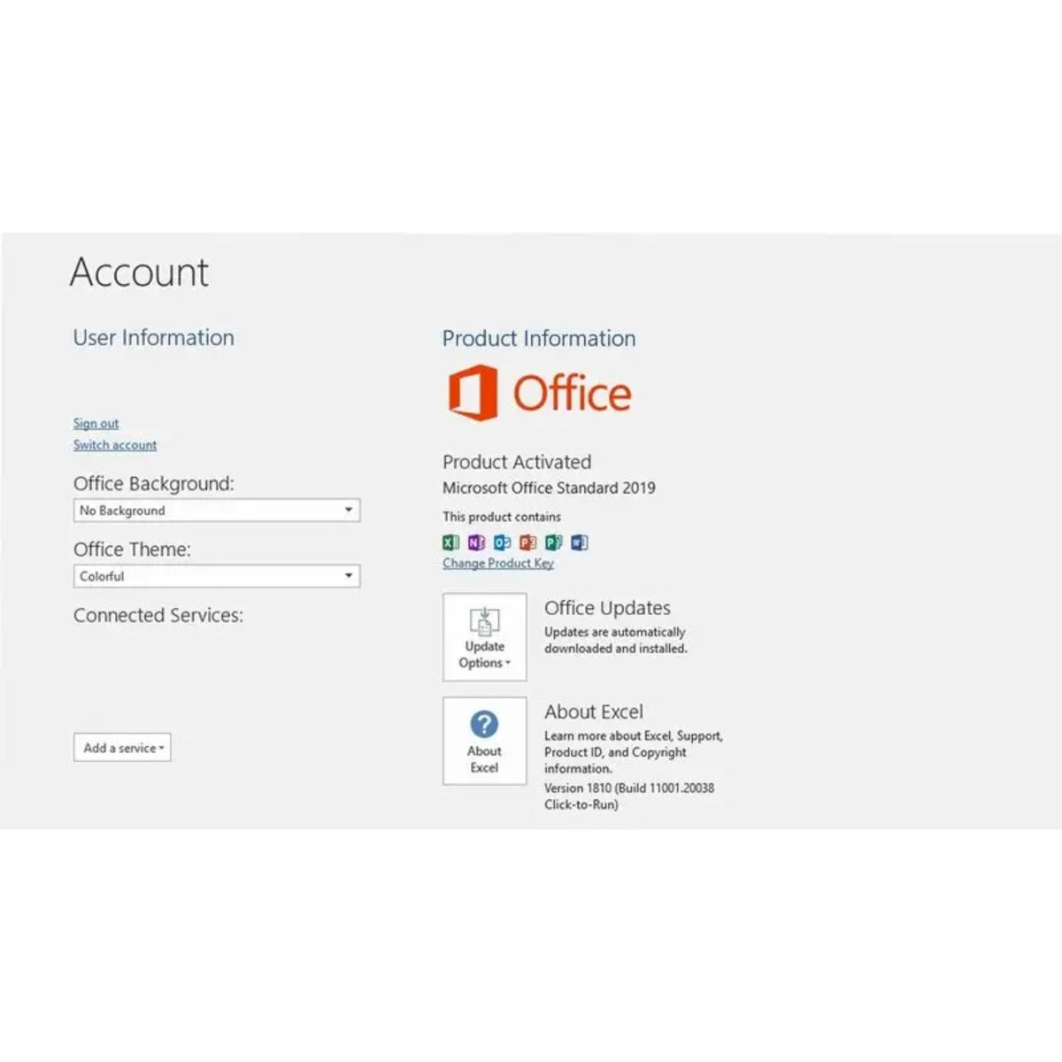 Microsoft Office 2019 Standard Windows Konto- und Produktaktivierungsansicht mit Lizenzstatus und Updateoptionen.