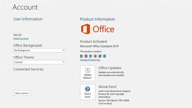 Microsoft Office 2019 Standard Windows Konto- und Produktaktivierungsansicht mit Lizenzstatus und Updateoptionen.